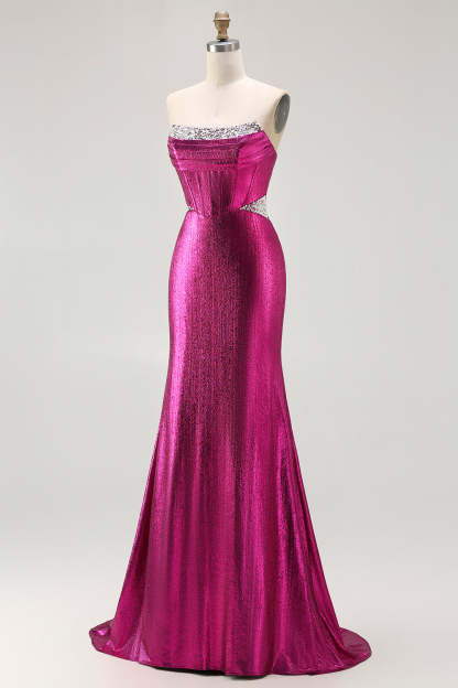 Sparkly Fuchsia Beaded Mermaid Corset Long Prom Dress