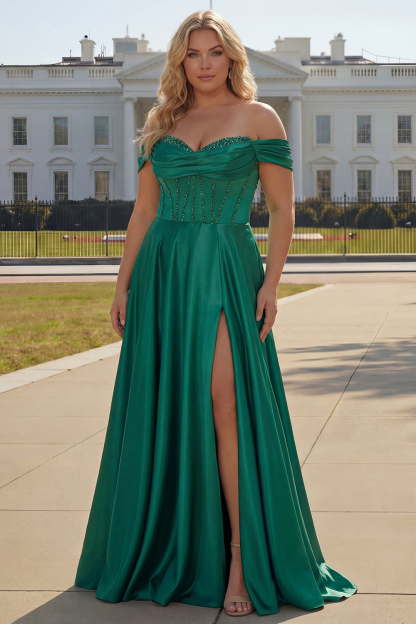 Purple Beaded Satin A Line Long Corset Prom Dress with Slit