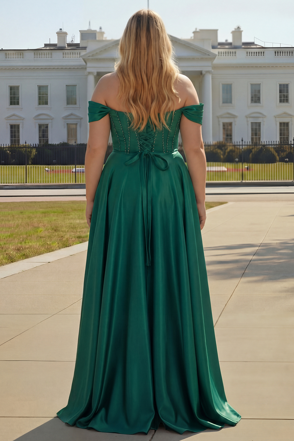 Purple Beaded Satin A Line Long Corset Prom Dress with Slit