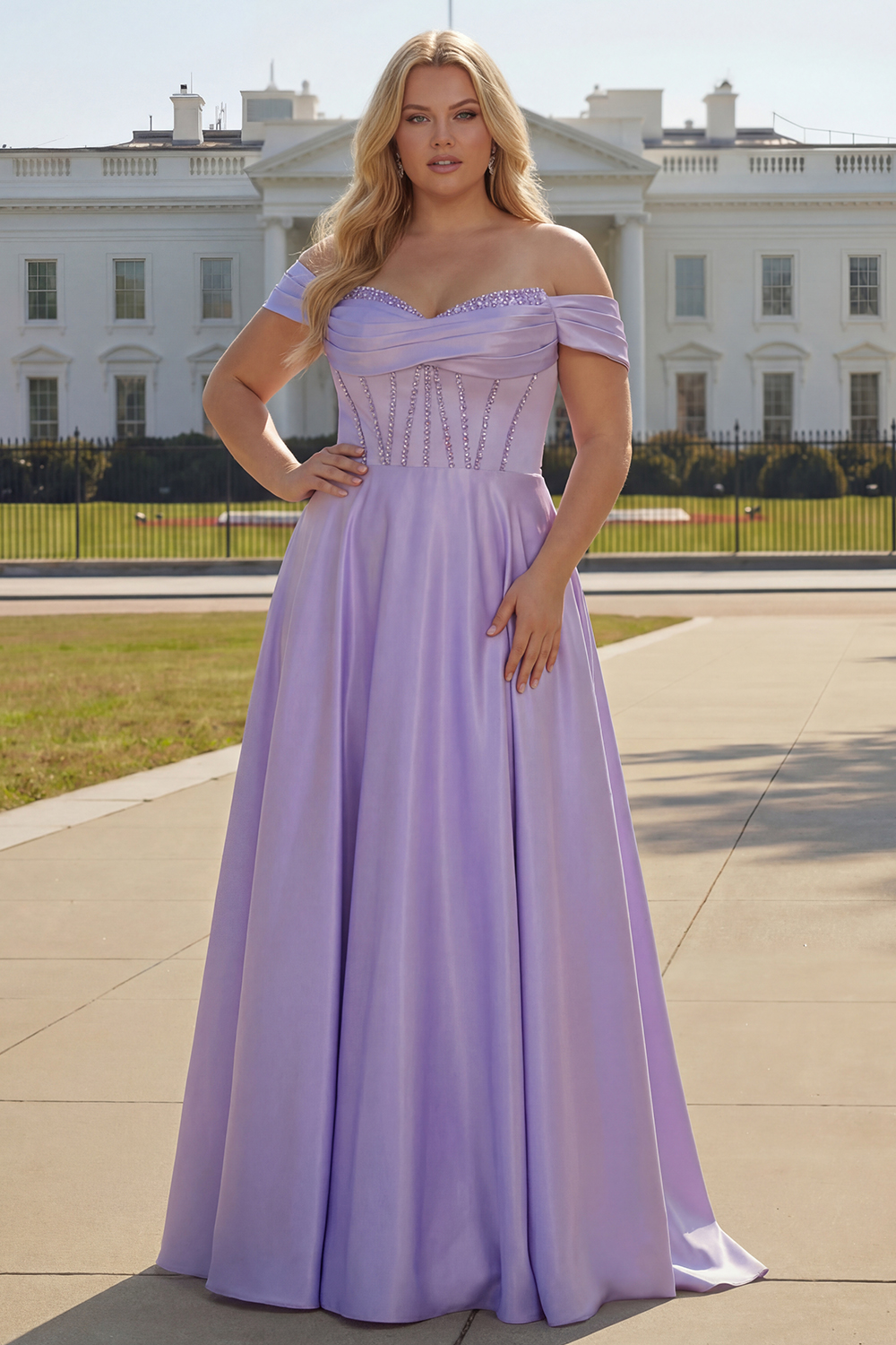 Purple Beaded Satin A Line Long Corset Prom Dress with Slit