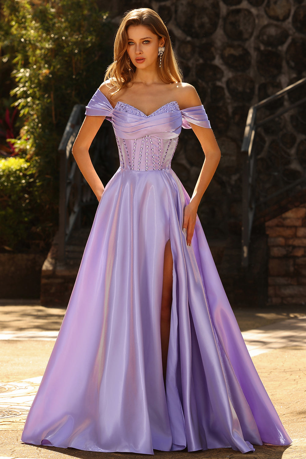 Purple Beaded Satin Ball Gown Long Corset Prom Dress with Slit