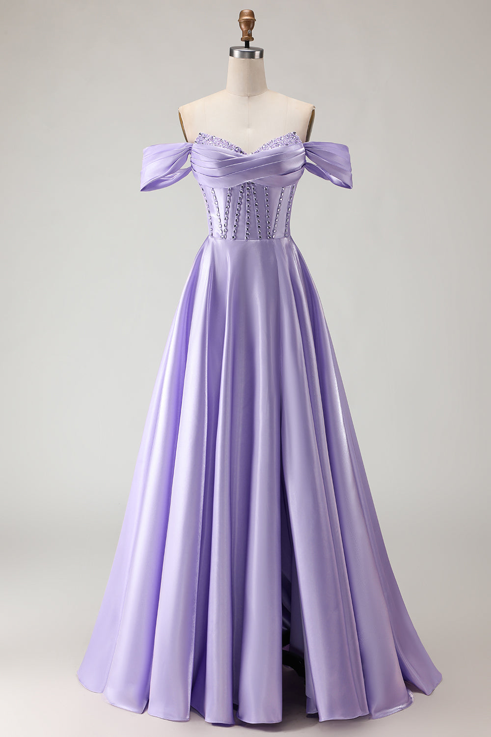 Purple Beaded Satin Ball Gown Long Corset Prom Dress with Slit