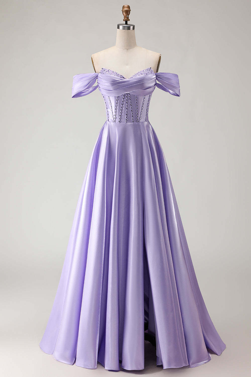 Purple Beaded Satin Ball Gown Long Corset Prom Dress with Slit