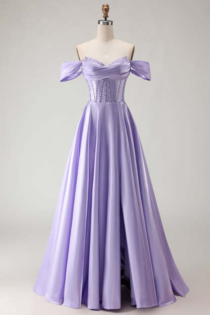Purple Beaded Satin Ball Gown Long Corset Prom Dress with Slit