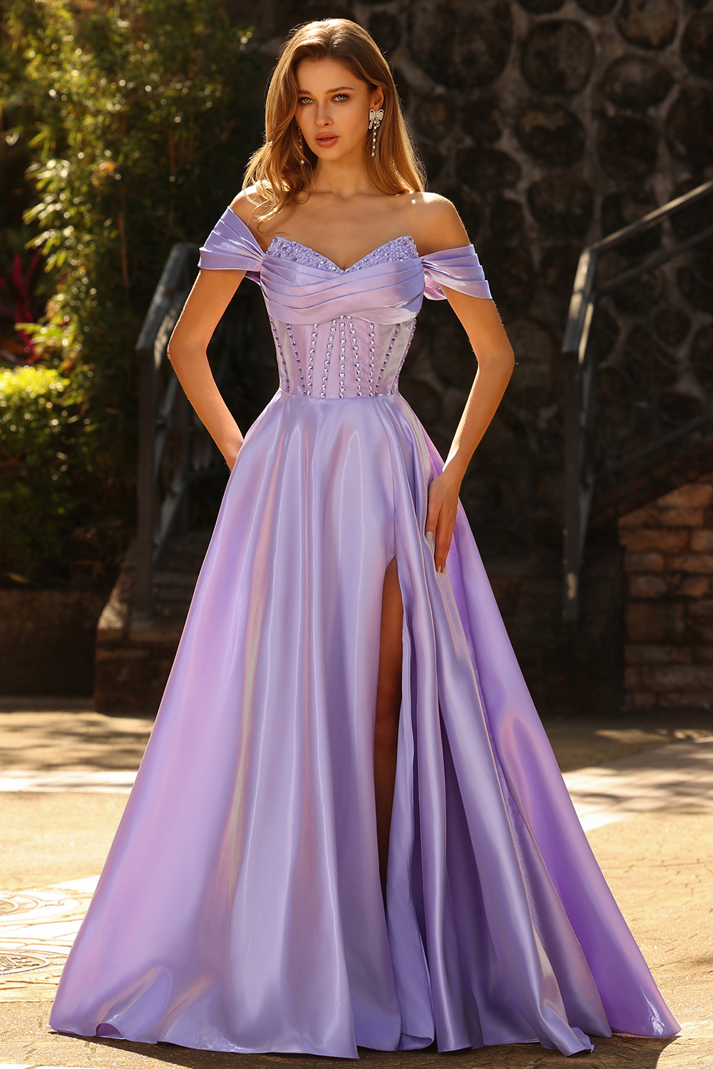 Purple Beaded Satin A Line Long Corset Prom Dress with Slit