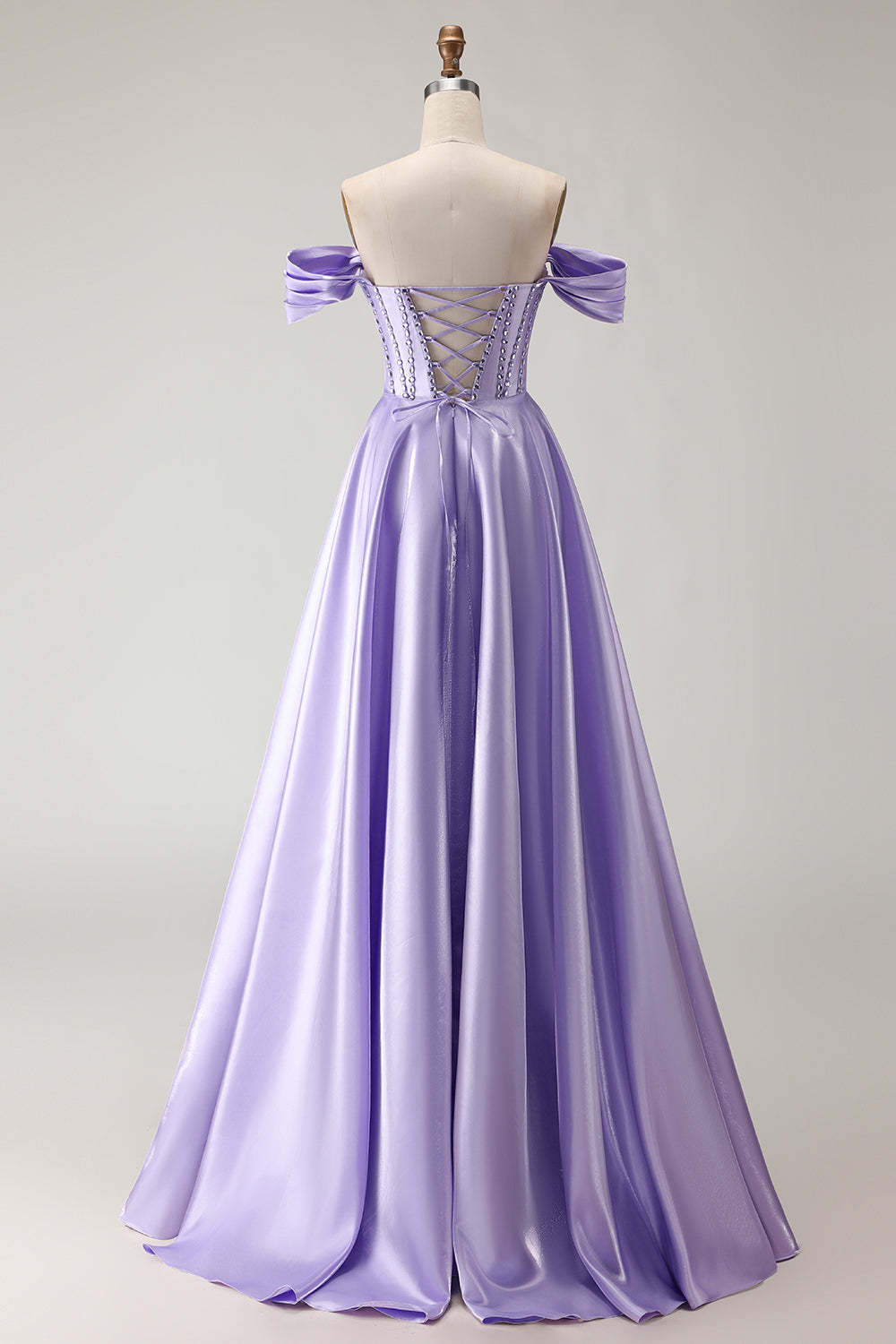 Purple Beaded Satin Ball Gown Long Corset Prom Dress with Slit