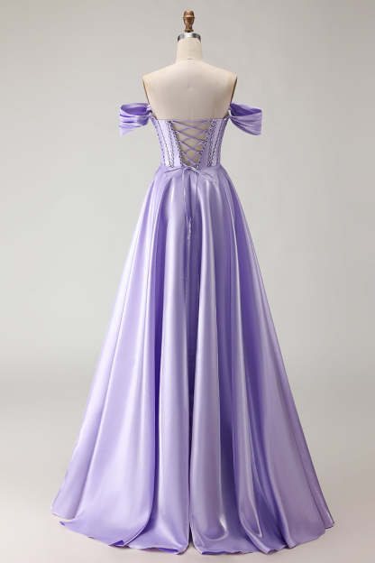 Purple Beaded Satin Ball Gown Long Corset Prom Dress with Slit