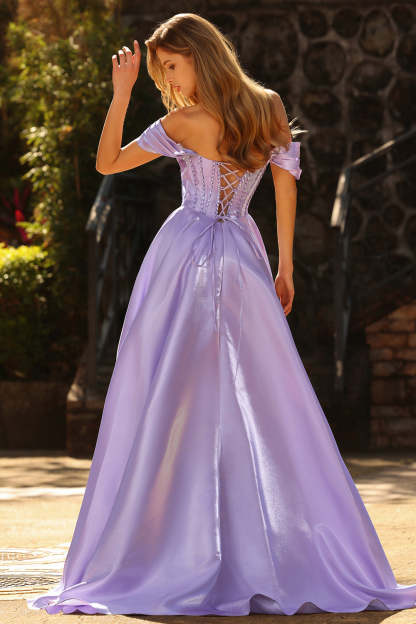 Purple Beaded Satin Ball Gown Long Corset Prom Dress with Slit