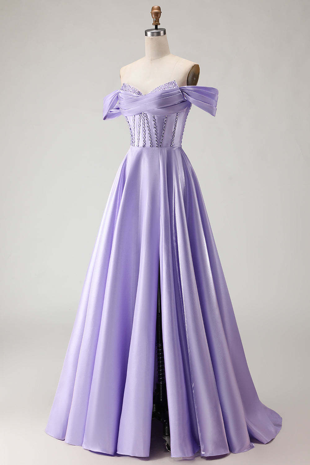 Purple Beaded Satin A Line Long Corset Prom Dress with Slit