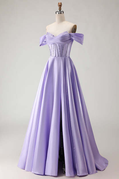 Purple Beaded Satin A Line Long Corset Prom Dress with Slit