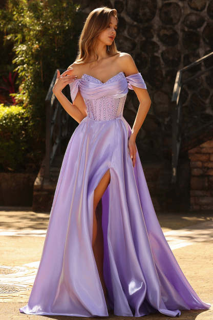 Purple Beaded Satin Ball Gown Long Corset Prom Dress with Slit