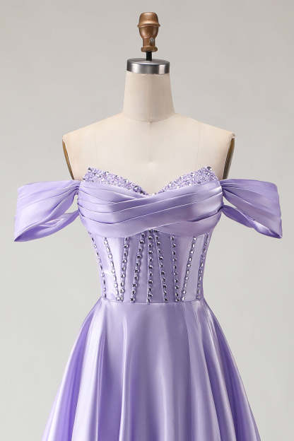 Purple Beaded Satin A Line Long Corset Prom Dress with Slit