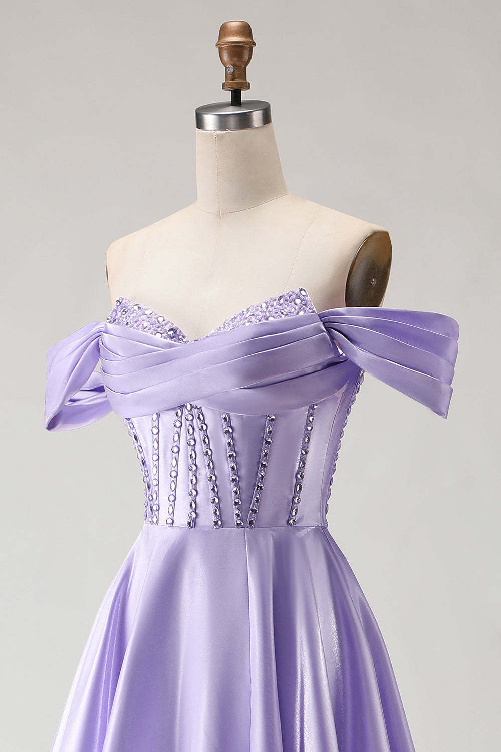 Purple Beaded Satin A Line Long Corset Prom Dress with Slit