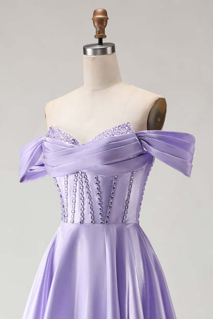 Purple Beaded Satin A Line Long Corset Prom Dress with Slit