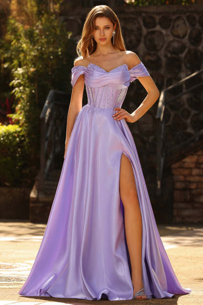 Leely Women Sparkly Purple Maxi Corset Prom Dress with Slit Satin Beaded Ball Gown Off the Shoulder Lace Up Back Formal Dress