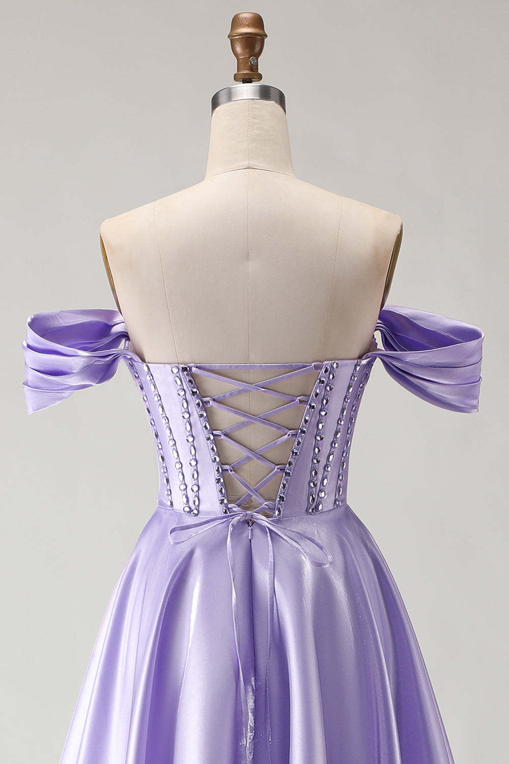 Purple Beaded Satin A Line Long Corset Prom Dress with Slit