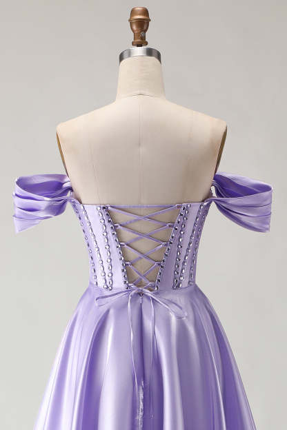 Purple Beaded Satin A Line Long Corset Prom Dress with Slit