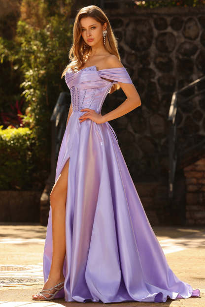 Purple Beaded Satin Ball Gown Long Corset Prom Dress with Slit