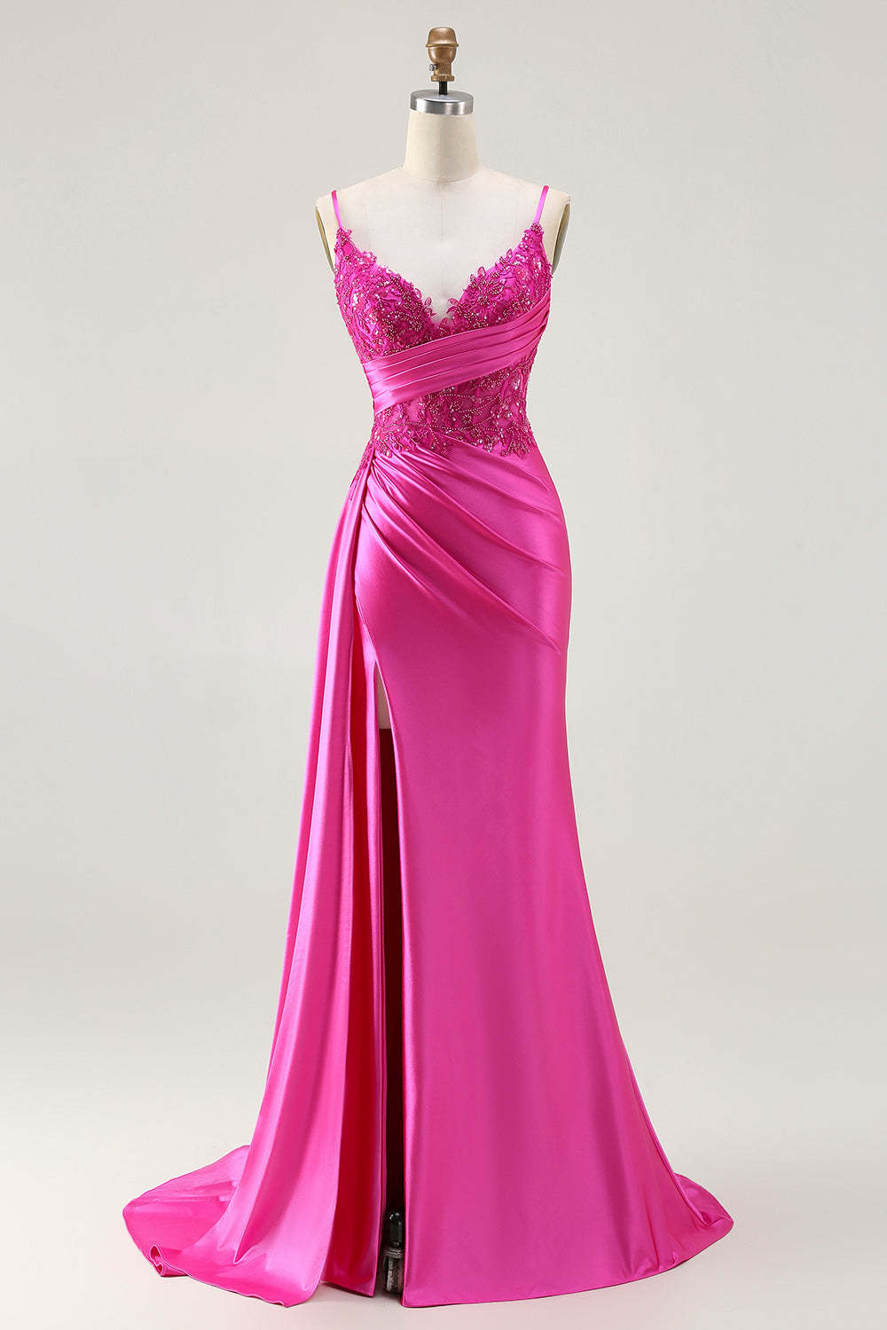 Leely Women Sparkly Fuchsia Maxi Prom Dress with Slit Spaghetti Straps Mermaid Beaded Ruched Formal Dress
