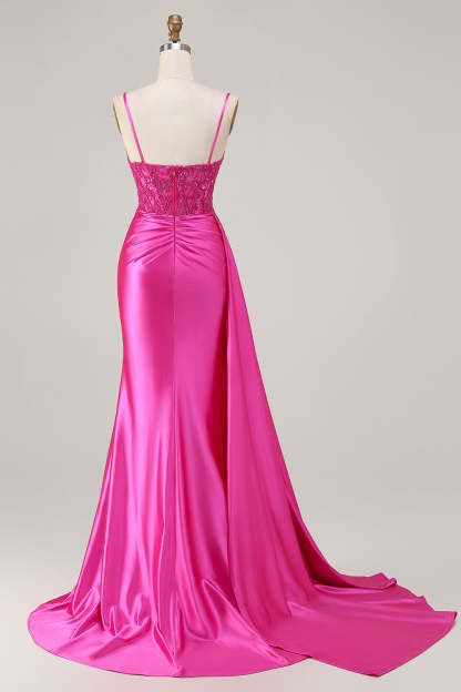 Sparkly Fuchsia Spaghetti Straps Mermaid Maxi Prom Dress with Slit