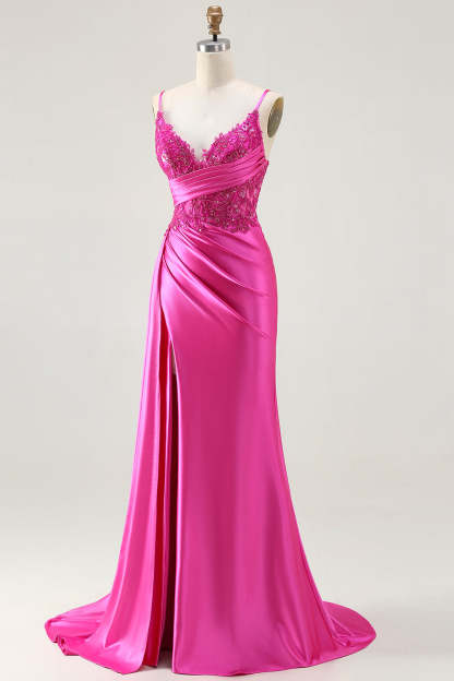 Sparkly Fuchsia Spaghetti Straps Mermaid Maxi Prom Dress with Slit