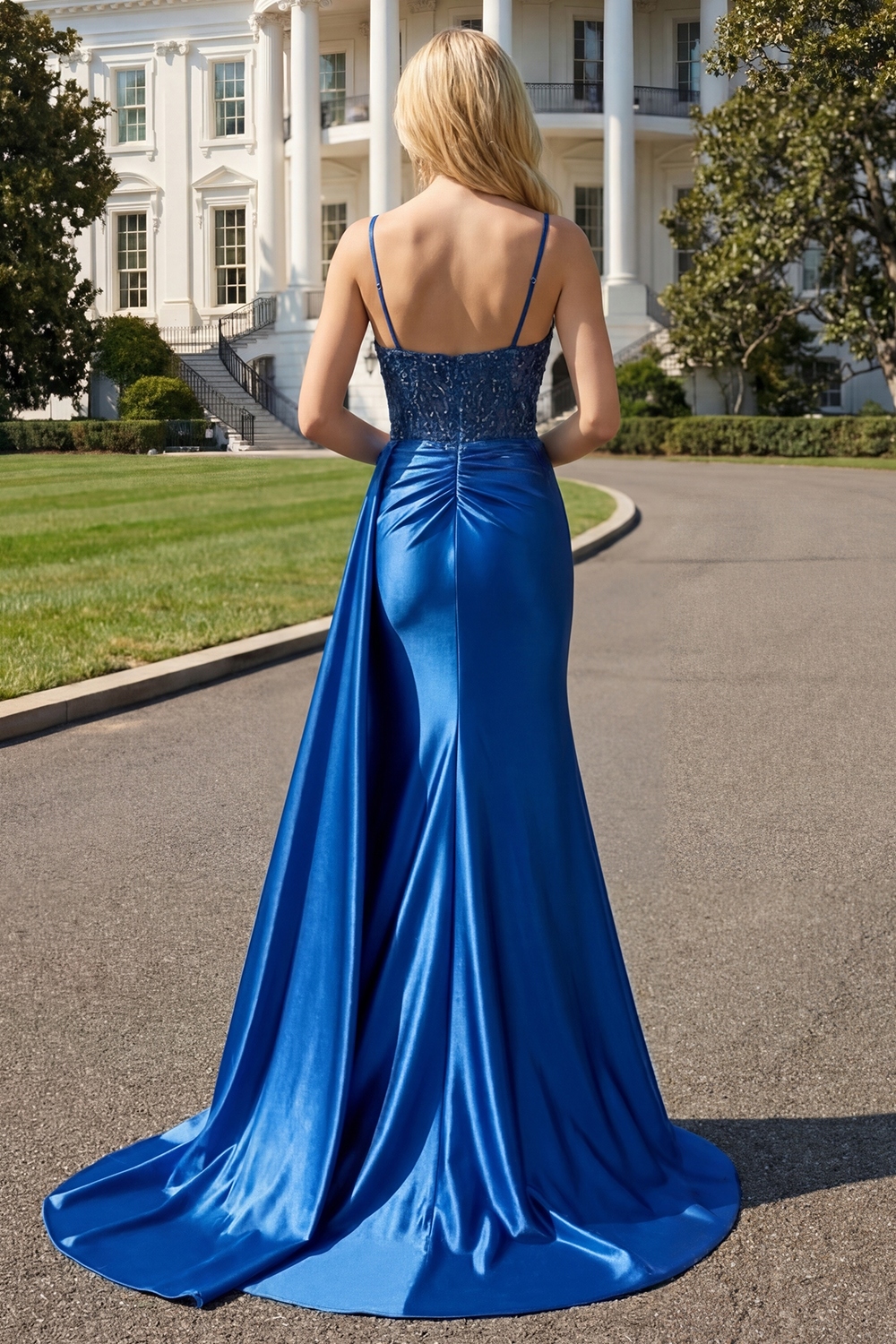 Sparkly Navy Beaded Mermaid Long Prom Dress with Side Cape