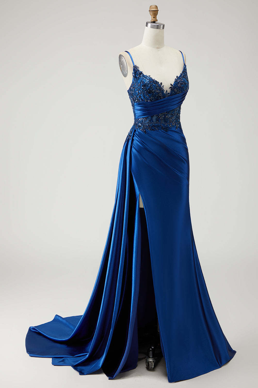 Sparkly Navy Beaded Mermaid Long Prom Dress with Side Cape