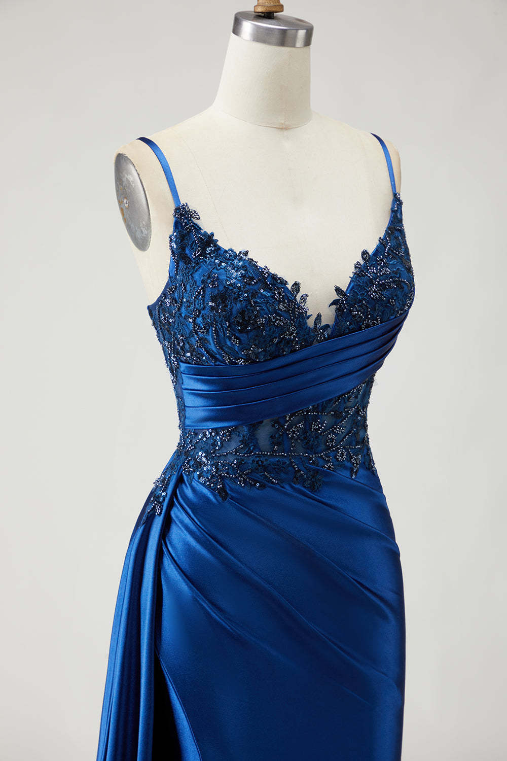 Sparkly Navy Beaded Mermaid Long Prom Dress with Side Cape