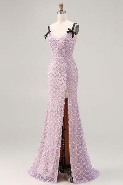 Sparkly Lilac Sequin Mermaid Long Prom Dress with Slit