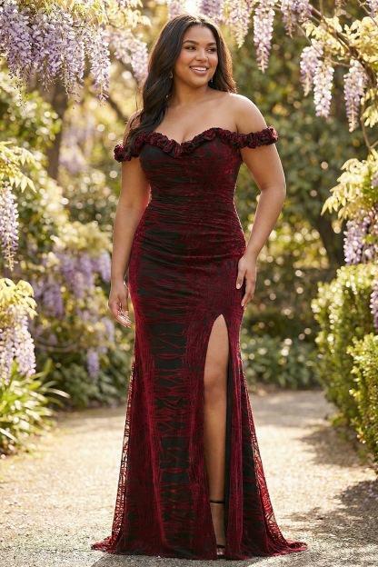 Floral Mermaid Black and Red Long Corset Prom Dress with Slit