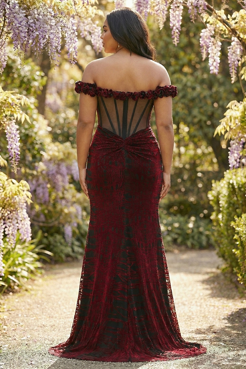 Floral Mermaid Black and Red Long Corset Prom Dress with Slit