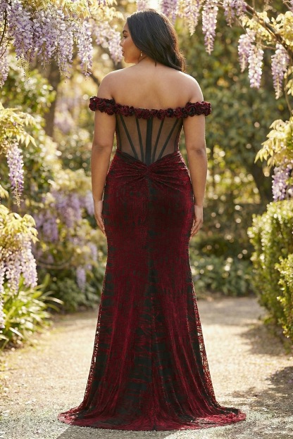 Floral Mermaid Black and Red Long Corset Prom Dress with Slit