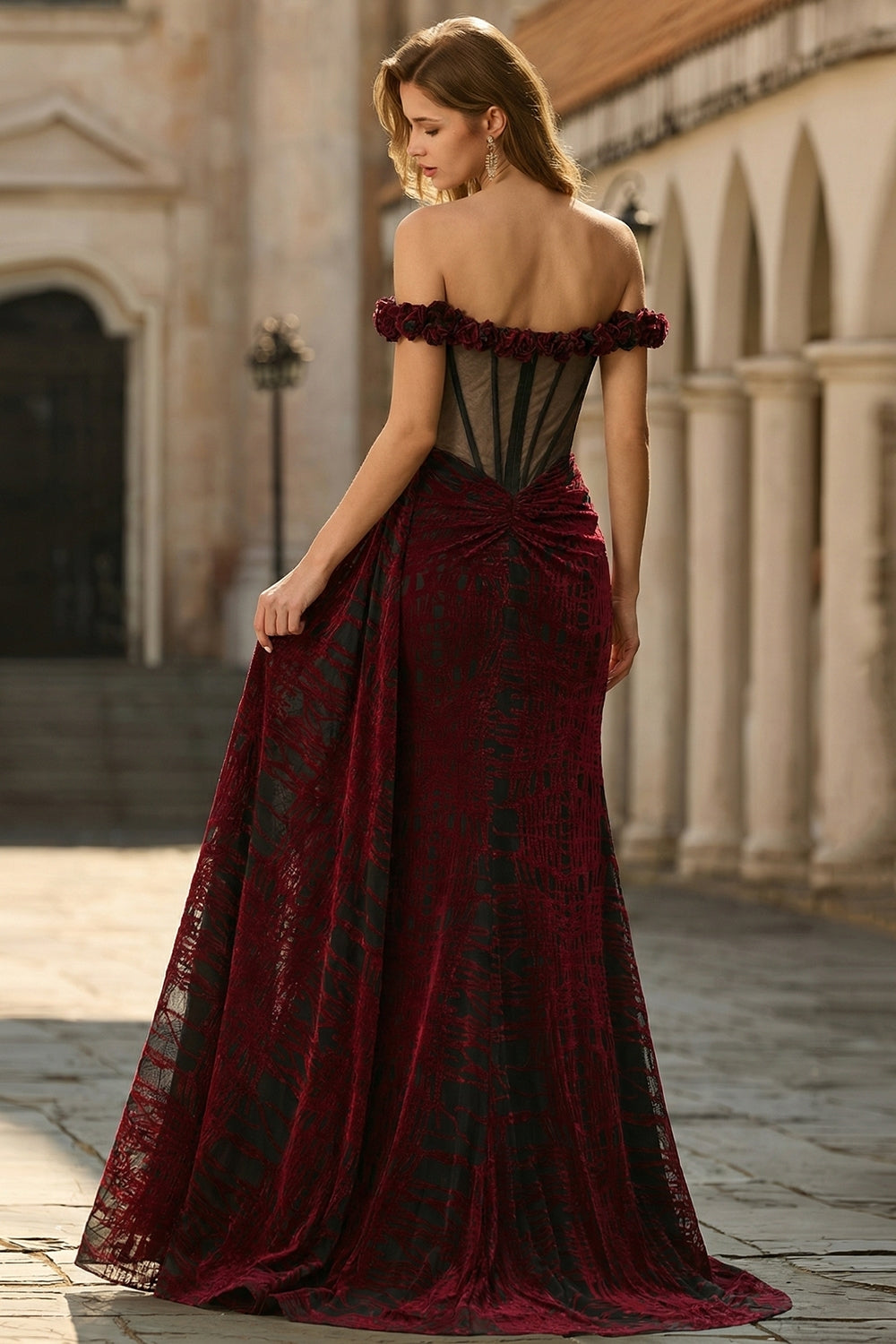 Floral Mermaid Black and Red Maxi Corset Prom Dress with Slit