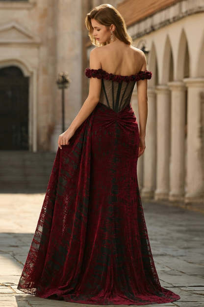 Floral Mermaid Black and Red Maxi Corset Prom Dress with Slit