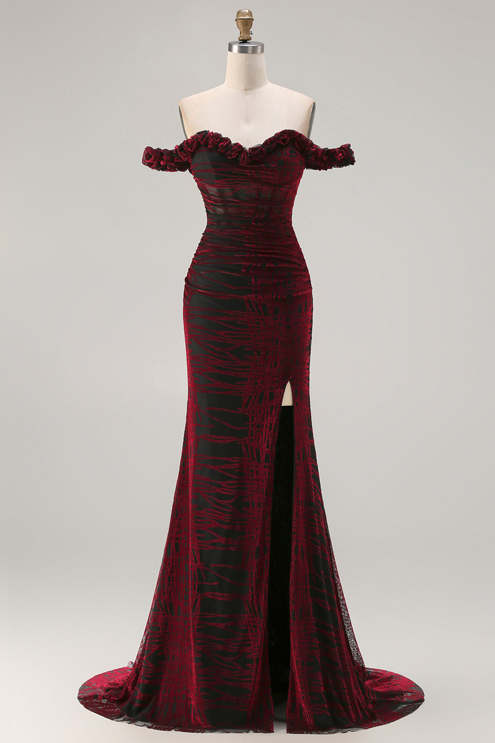 Floral Mermaid Black and Red Long Corset Prom Dress with Slit