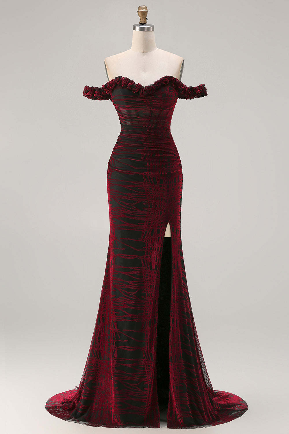 Leely Women Floral Black and Red Maxi Corset Prom Dress with Slit Off the Shoulder Mermaid Formal Dress