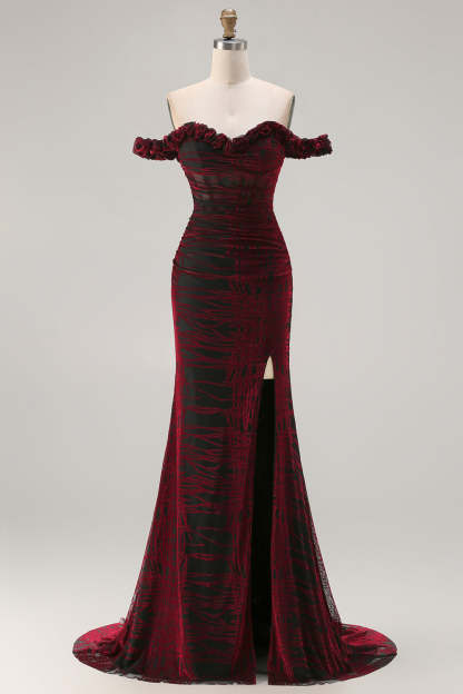 Leely Women Floral Black and Red Maxi Corset Prom Dress with Slit Off the Shoulder Mermaid Formal Dress