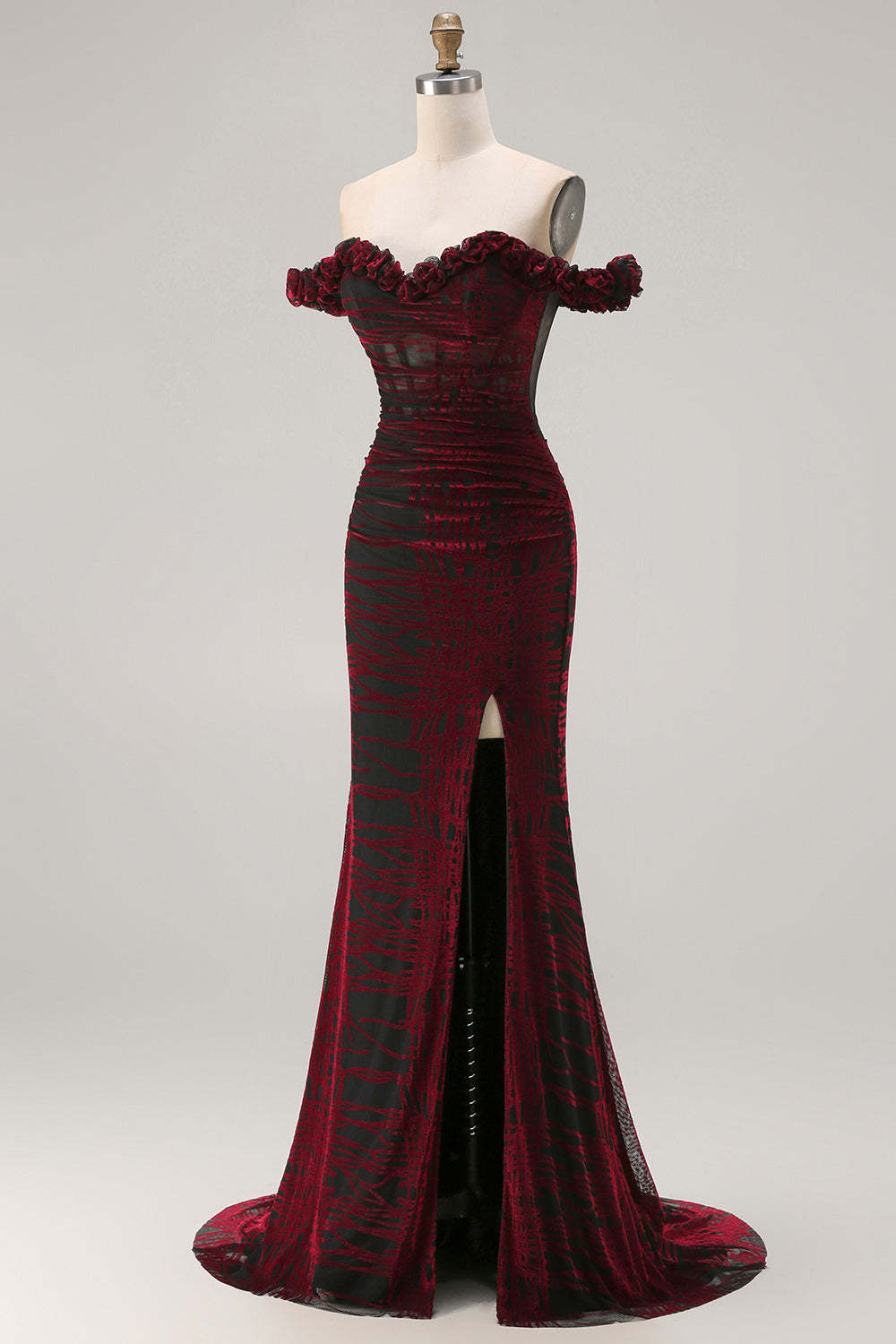 Floral Mermaid Black and Red Long Corset Prom Dress with Slit