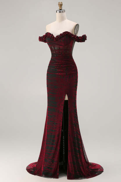 Floral Mermaid Black and Red Long Corset Prom Dress with Slit