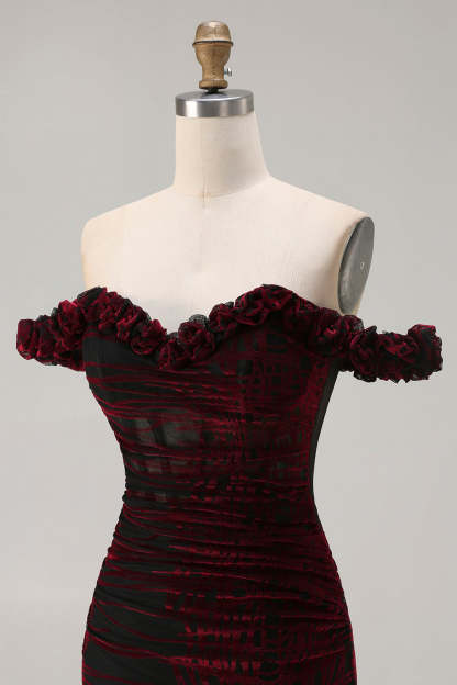 Floral Mermaid Black and Red Long Corset Prom Dress with Slit