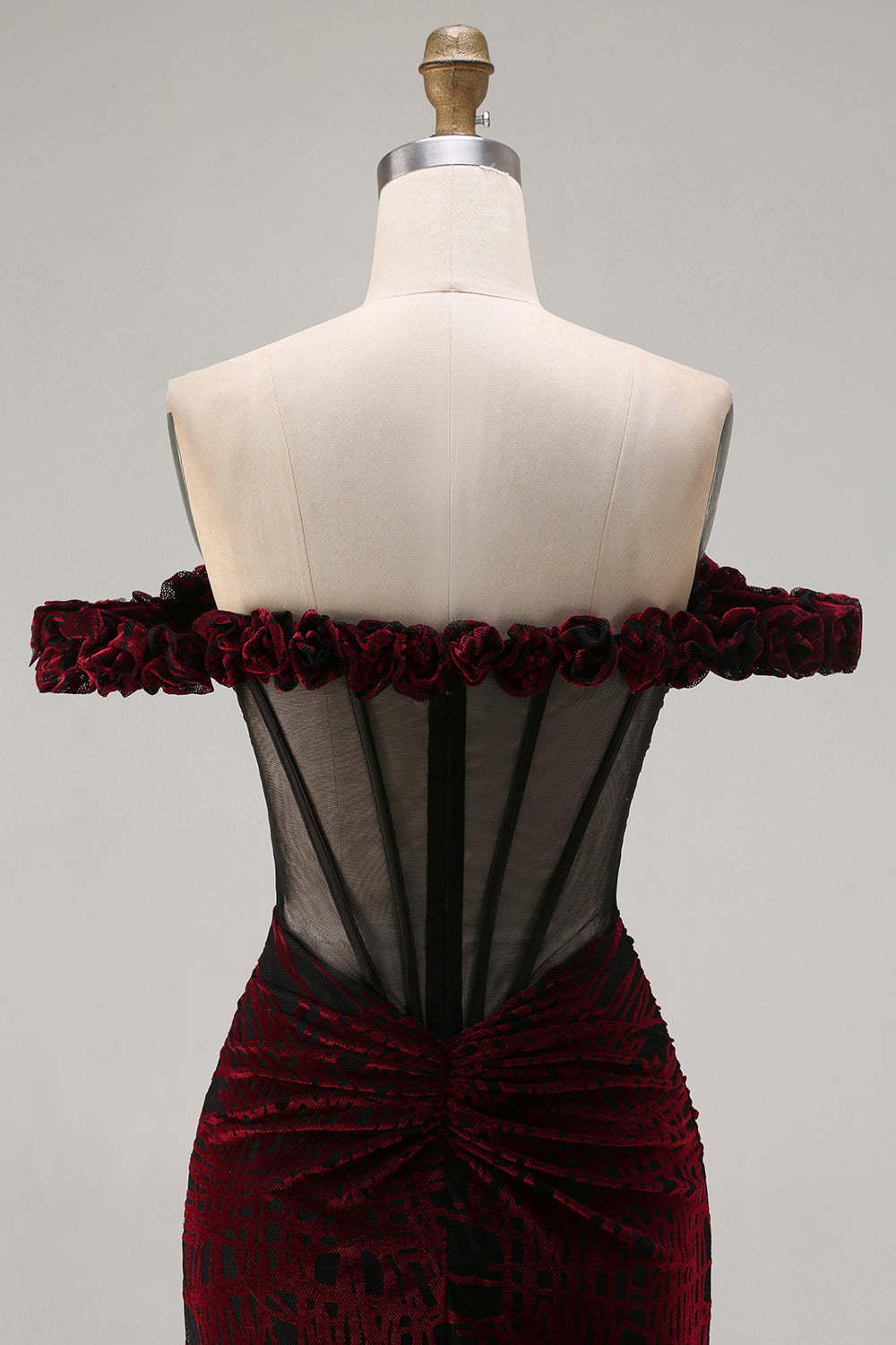 Floral Mermaid Black and Red Long Corset Prom Dress with Slit