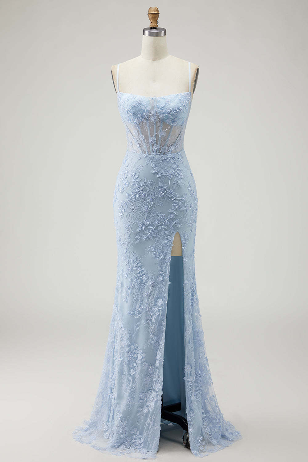 Leely Women Sparkly Blue Corset Floral Long Prom Dress with Slit Mermaid Spaghetti Straps Backless Gala Dress with Beading