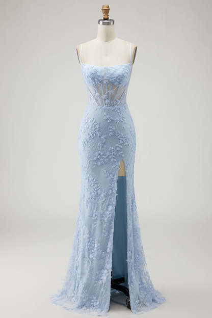 Leely Women Sparkly Blue Corset Floral Long Prom Dress with Slit Mermaid Spaghetti Straps Backless Gala Dress with Beading