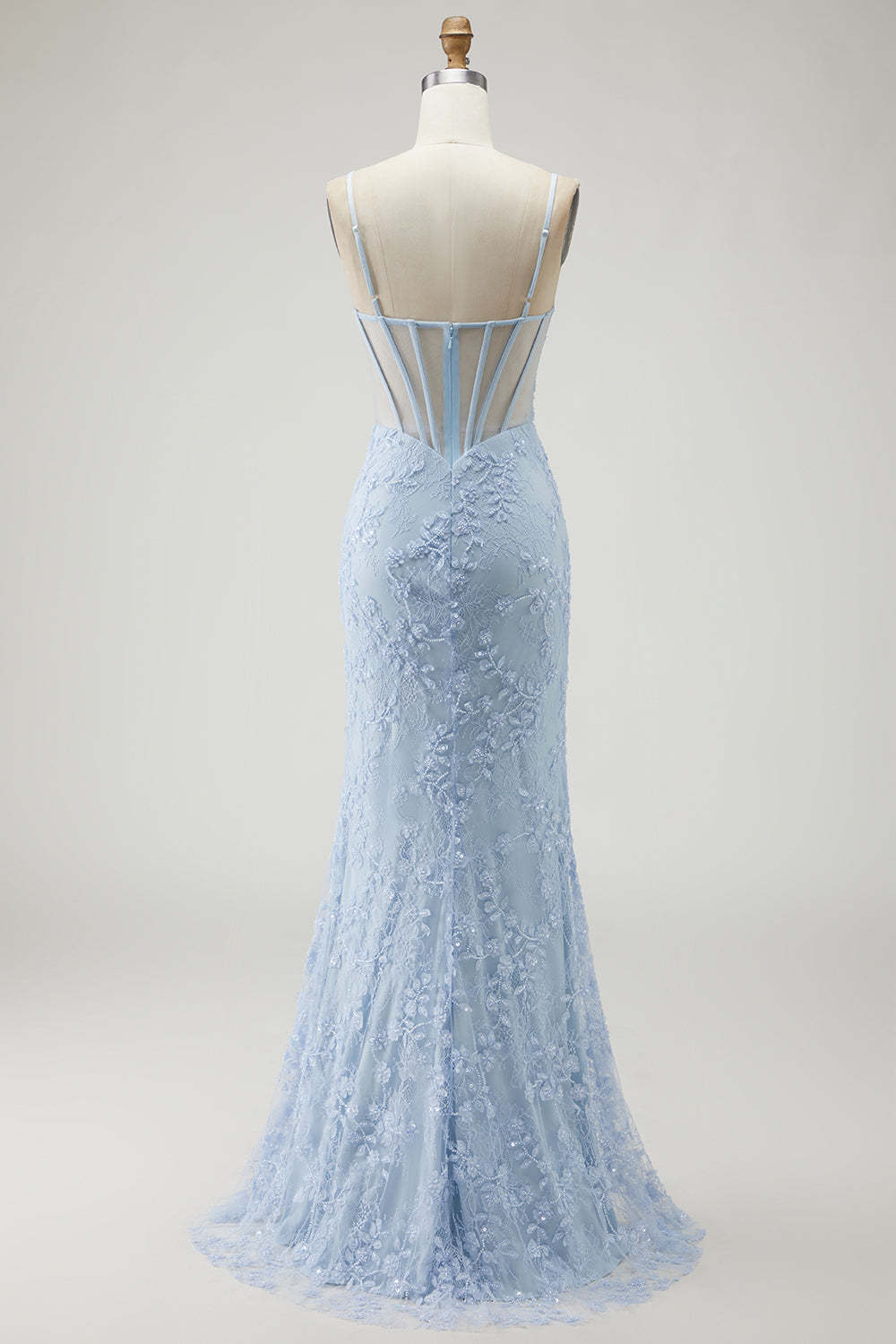 Sparkly Blue Corset Beaded Mermaid Floral Long Prom Dress with Slit