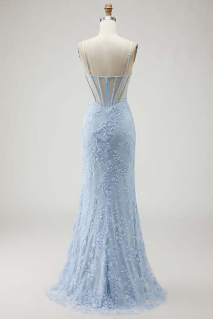 Sparkly Blue Corset Beaded Mermaid Floral Long Prom Dress with Slit