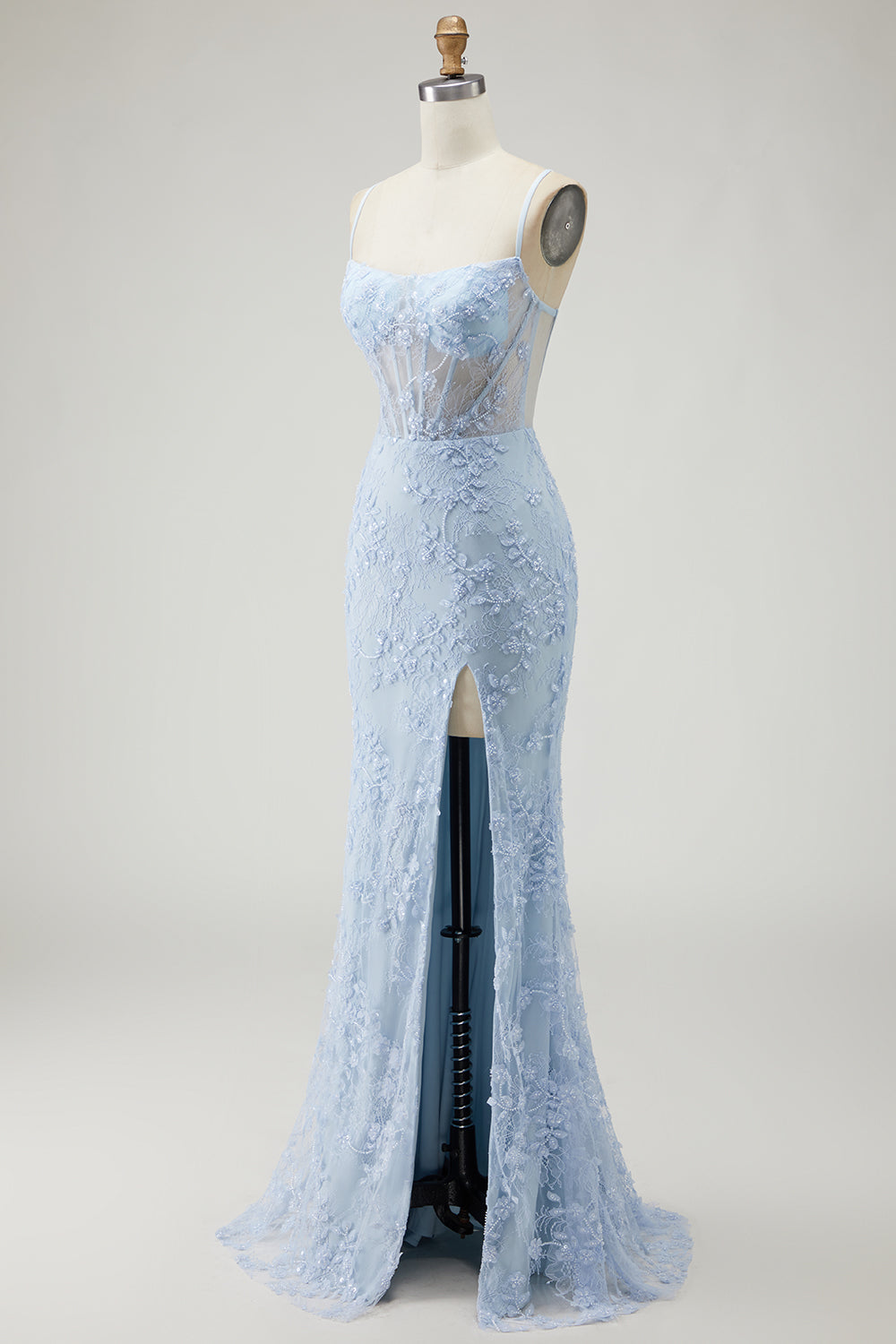 Sparkly Blue Corset Beaded Mermaid Floral Long Prom Dress with Slit