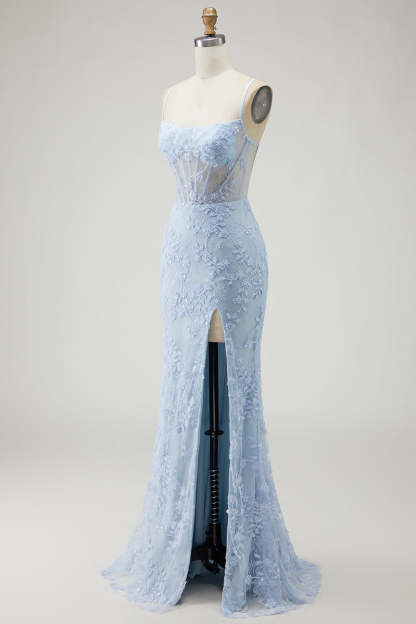 Sparkly Blue Corset Beaded Mermaid Floral Long Prom Dress with Slit