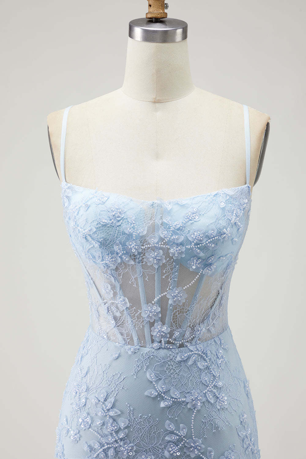 Sparkly Blue Corset Beaded Mermaid Floral Long Prom Dress with Slit