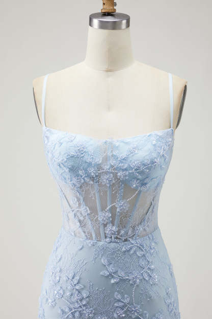 Sparkly Blue Corset Beaded Mermaid Floral Long Prom Dress with Slit