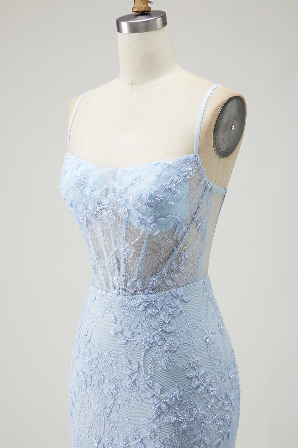 Sparkly Blue Corset Beaded Mermaid Floral Long Prom Dress with Slit